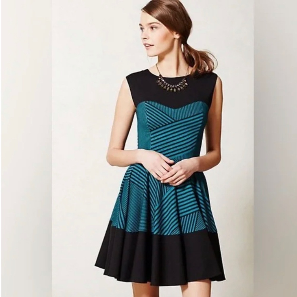Anthropologie Eva Franco Teal and Black Striped Skater Dress Size 4